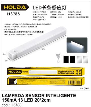 LÂMPADA SENSOR INTELIGENTE 150mA 13 LED 20*2cm R$ 7,2 PC/CX:100