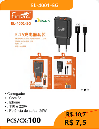 CARREGADOR LIGHTNING PCS/CX:100 R$7,5