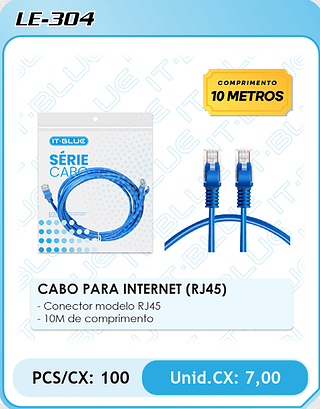 CABO PARA INTERNET (RJ45) - Conector modelo RJ45 - 10M de comprimento PCS/CX: 100 Unid.CX: 7,00