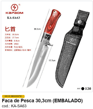 Faca de Pesca 30,3cm R$ 33,3 PC/CX:120