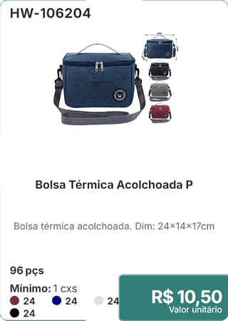 Bolsa Térmica Acolchoada P 96 pçs R$ 10,50