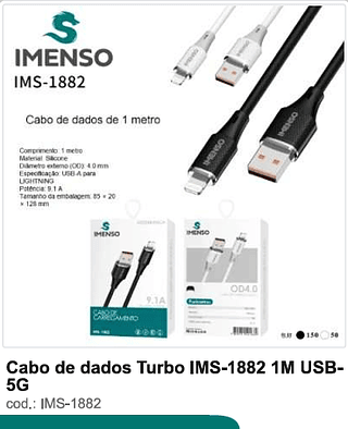 Cabo de dados Turbo 1M USB-5G 200PC/CX R$5,4