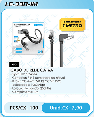 CABO DE REDE CAT6A - Tipo: UTP / CAT6A - Conector: RJ45 com capa de níquel - Bitola: OD 6mm 7/0.12 CC*4P PVC - Velocidade: 1000Mbps - Largura de banda: 250Mhz - Comprimento: 1M PCS/CX: 100 Unid.CX: 7,90