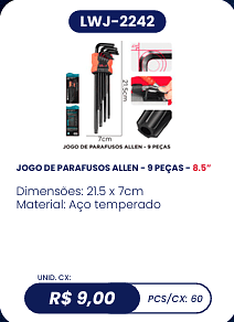 JOGO DE PARAFUSOS ALLEN - 9 PEÇAS - 8.5” UNID. CX: R$ 9,00 PCS/CX: 60