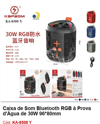 Caixa de Som Bluetooth RGB à Prova d'Água de 30W R$25,2 PCS/CX:80