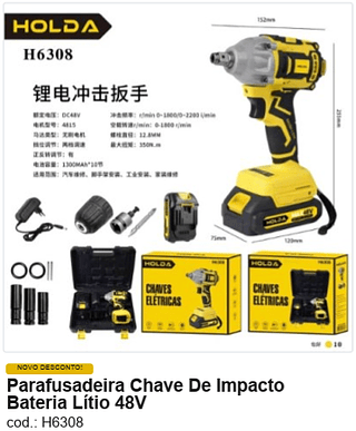 Parafusadeira Chave De Impacto Bateria Lítio 48V R$ 189 PC/CX:10