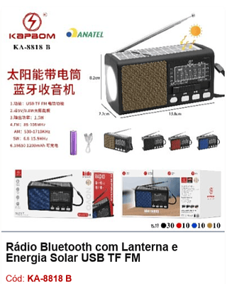 Rádio Bluetooth com Lanterna e Energia Solar USB TF FM R$43,2 PCS/CX:60