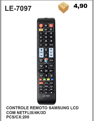 CONTROLE REMOTO SAMSUNG LCD COM NETFLIX/4K/3D 200pç=4,9$