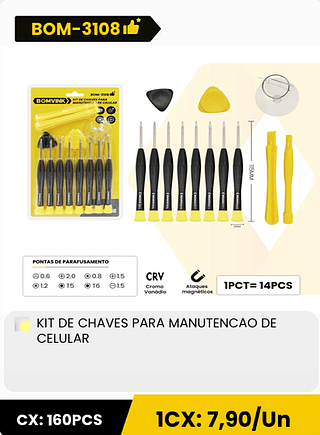 KIT DE CHAVES PARA MANUTENCAO DE CELULAR CX: 160PCS 1CX: 7,90/Un