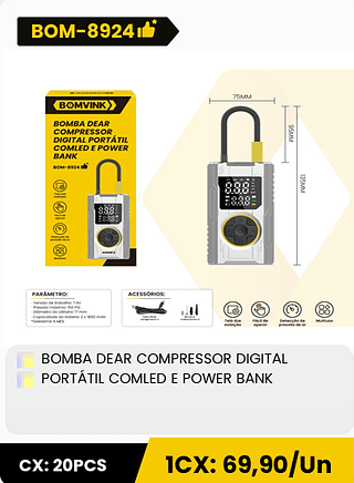 BOMBA DEAR COMPRESSOR DIGITAL PORTATIL COMLED E POWER BANK CX: 20PCS 1CX: 69,90/Un