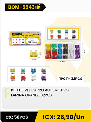 KIT FUSIVEL CARRO AUTOMOTIVO LAMINA GRANDE 32PCS CX: 50PCS 1CX: 26,90/Un