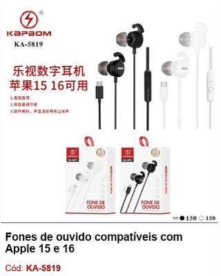 Fones de ouvido compatíveis com Apple 15 e 16 R$7,2 PCS/Cx:300