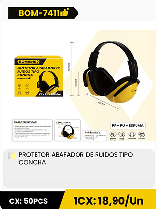 PROTETOR ABAFADOR DE RUIDOS TIPO CONCHA CX: 50PCS 1CX: 18,90/Un