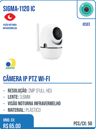 CÂMERA IP PTZ WI-FI UNID. CX: R$ 65.00 PCS/CX: 50