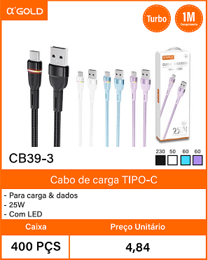 Cabo de carga TIPO-C - Caixa 400 PCS Preco Unitario 4,84