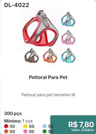Peitoral para pet M 300 pçs R$ 7.80