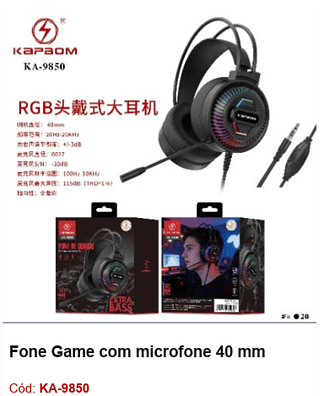 Fone Game com microfone 40 mm R$52,2 PCS/CX:20