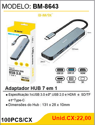Adaptador HUB 7 em 1 100PCS/CX 2* Unid.CX:22,00