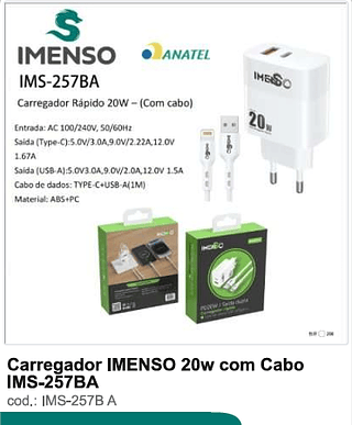 Carregador IMENSO 20w com Cabo 200PC/CX R$14,4