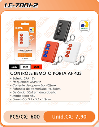 CONTROLE REMOTO PORTA AF 433 600PÇ=7,9$
