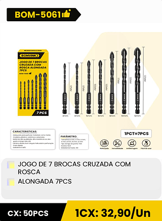 JOGO DE 7 BROCAS CRUZADA COM ROSCA ALONGADA 7PCS CX: 50PCS 1CX: 32,90/Un