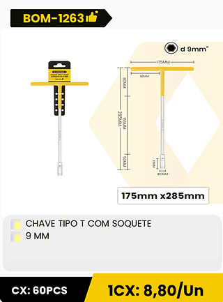 CHAVE TIPO T COM SOQUETE 9 MM CX: 60PCS ICX: 8,80/Un