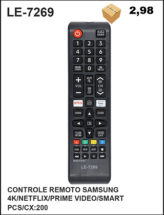 CONTROLE REMOTO SAMSUNG 4K/NETFLIX/PRIME VIDEO/SMART 200PÇ=2,98$