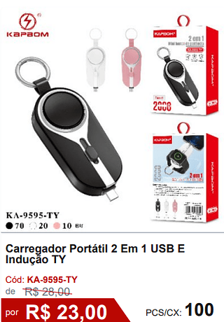 Carregador Portátil 2 Em 1 USB E Indução TY R$ 20.70 PCS/CX: 100