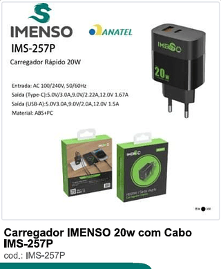 Carregador IMENSO 20w com Cabo 200PC/CX R$12,6