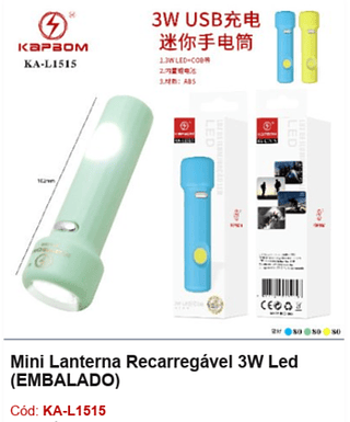 Mini Lanterna Recarregável 3W Led R$ 6,3 PCS/Cx: 240