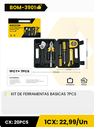 KIT DE FERRAMENTAS BASICAS 7PCS CX: 20PCS 1CX: 22,99/Un