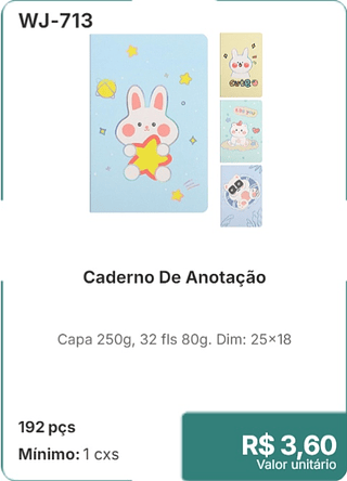 Caderno De Anotação 192 pçs R$ 3.60