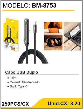 Cabo USB Duplo 250PCS/CX Unid.CX: 8,20