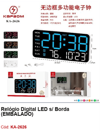 Relógio Digital LED s/ Borda R$38,7 PCS/Cx:60