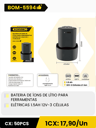 OARANTIA 6 MIS BATERIA DE ÍONS DE LÍTIO PARA FERRAMENTAS ELÉTRICAS 1.5AH 12V-3 CÉLULAS CX: 50PCS 1CX: 17,90/Un