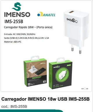 Carregador IMENSO 18w USB 200PC/CX R$9,9