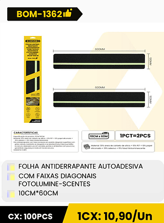 FOLHA ANTIDERRAPANTE AUTOADESIVA COM FAIXAS DIAGONAIS FOTOLUMINE-SCENTES 10CM*60CM CX: 100PCS 1CX: 10,90/Un