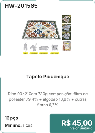 Tapete Piquenique 16 pçs R$ 45.00