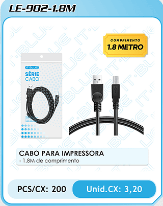 CABO PARA IMPRESSORA - 1,8M de comprimento PCS/CX: 200 Unid.CX: 3,20