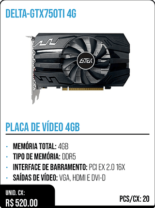 PLACA DE VÍDEO 4GB UNID. CX: R$ 520.00 PCS/CX: 20