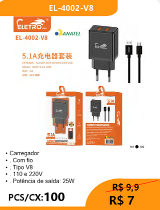 CARREGADOR V8 PCS/CX:100 R$7