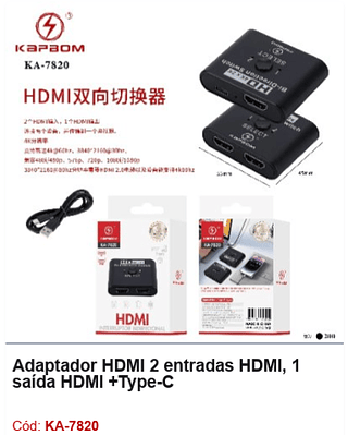 Adaptador HDMI 2 entradas HDMI, 1 saída HDMI +Type-C R$ 13,5 PCS/cx:200