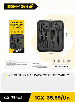 KIT DE TESOURAS PARA CORTE DE CABELO CX: 75PCS ICX: 35,99/Un