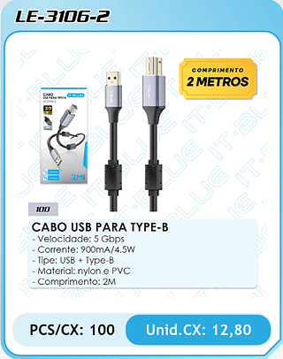 CABO USB PARA TYPE-B - Velocidade: 5 Gbps - Corrente: 900mA/4.5W - Tipe: USB + Type-B - Material: nylon e PVC - Comprimento: 2M PCS/CX: 100 Unid.CX: 12,80