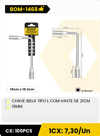 CHAVE BIELA TIPO L COM HASTE DE 21CM 15MM CX: 100PCS 1CX: 7,30/Un