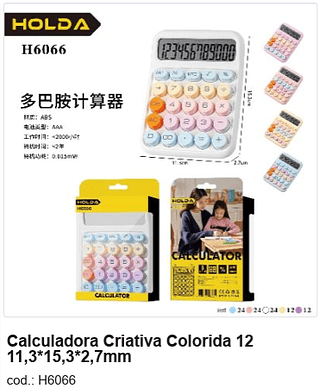 Calculadora Criativa Colorida 12 11,3*15,3*2,7mm R$ 13,5 PC/CX:96