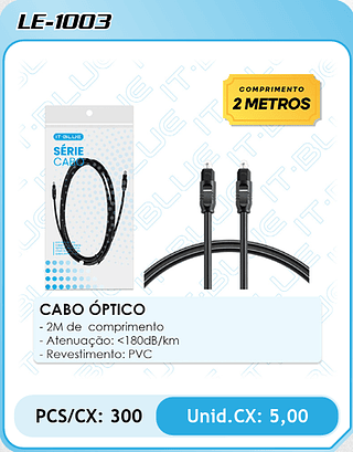 CABO ÓPTICO - 2M de comprimento - Atenuação: <180dB/km - Revestimento: PVC PCS/CX: 300 Unid.CX: 5,00