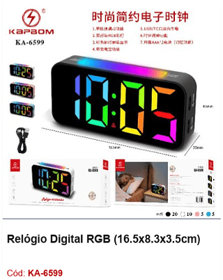 Relógio Digital RGB R$ 49,5 PCS/CX:40