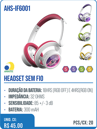 HEADSET SEM FIO UNID. CX: R$ 45.00 PCS/CX: 20
