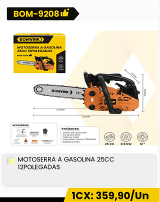 MOTOSERRA A GASOLINA 25CC 12POLEGADAS CX: 4PCS 1CX: 359,90/Un